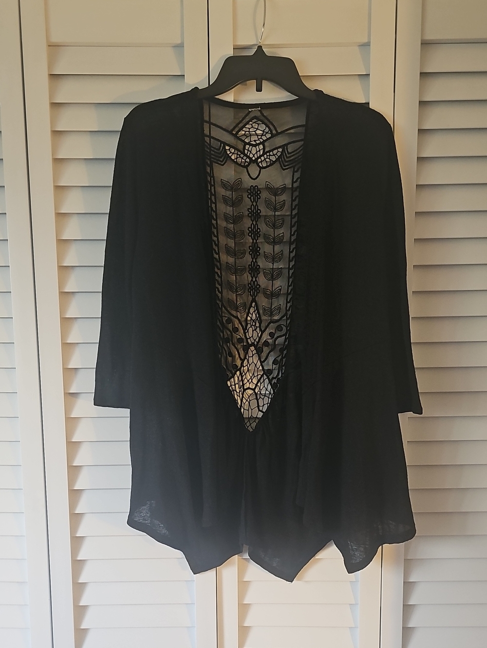 Black Open Front Cardigan with Lace Back Panel
